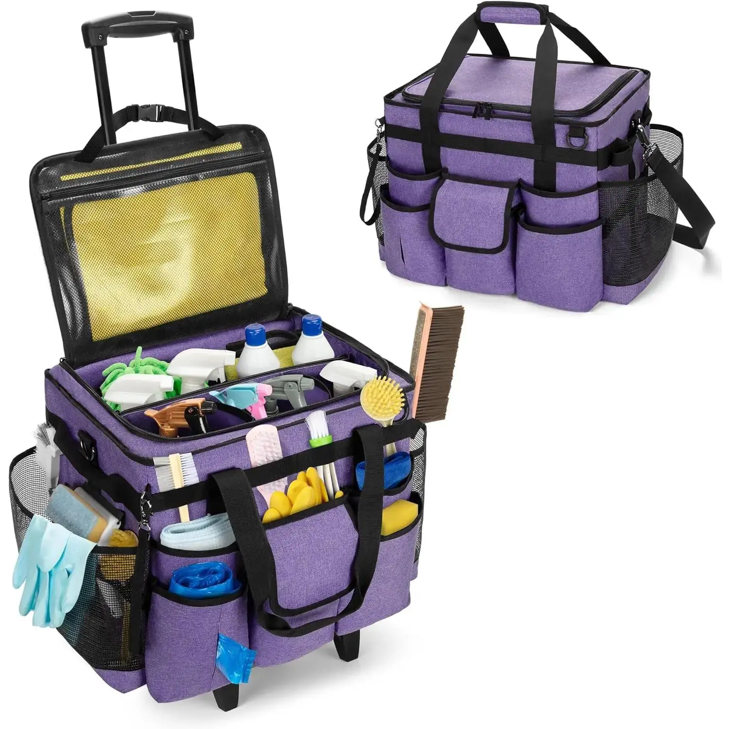 Purple Rolling Cleaning Organizer with Lid, Detachable Trolley, Handle, Strap, Zipper, Trash Bag Dispenser, Additional Zipper Inner, 1 Magic Tape Pocket (Rolling Cart Organization Solution for Housekeepers, Bag Only), Large Capacity Utility Carts, 2 Elast