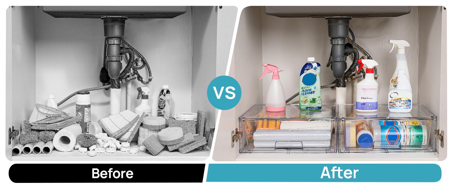 THE WELL KEPT 2 Pack Large Stackable Storage Drawers,Easily Assemble Clear Acrylic Bathroom Closet Undersink Organizers,Plastic Storage Bins for Cabinet,Kitchen Pantry Insert Silicone