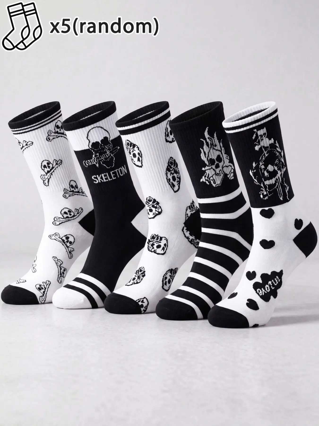 5 Pairs Random Pack Unisex Skull Heart Stripe English Print Socks, Comfortable Breathable Streetwear Crew Socks for Daily Use