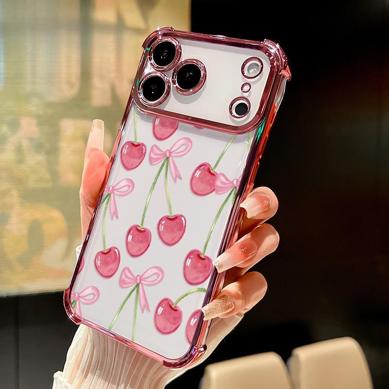 Cherry Bows Pattern Four Corner Anti-Fall Phone Case Transparent Electroplated Protective Cover for iPhone 17 Air 16 E Pro Max 15 Plus 14 13 12 11 X,Samsung and other series models, can be given as a holiday gift to friends or family