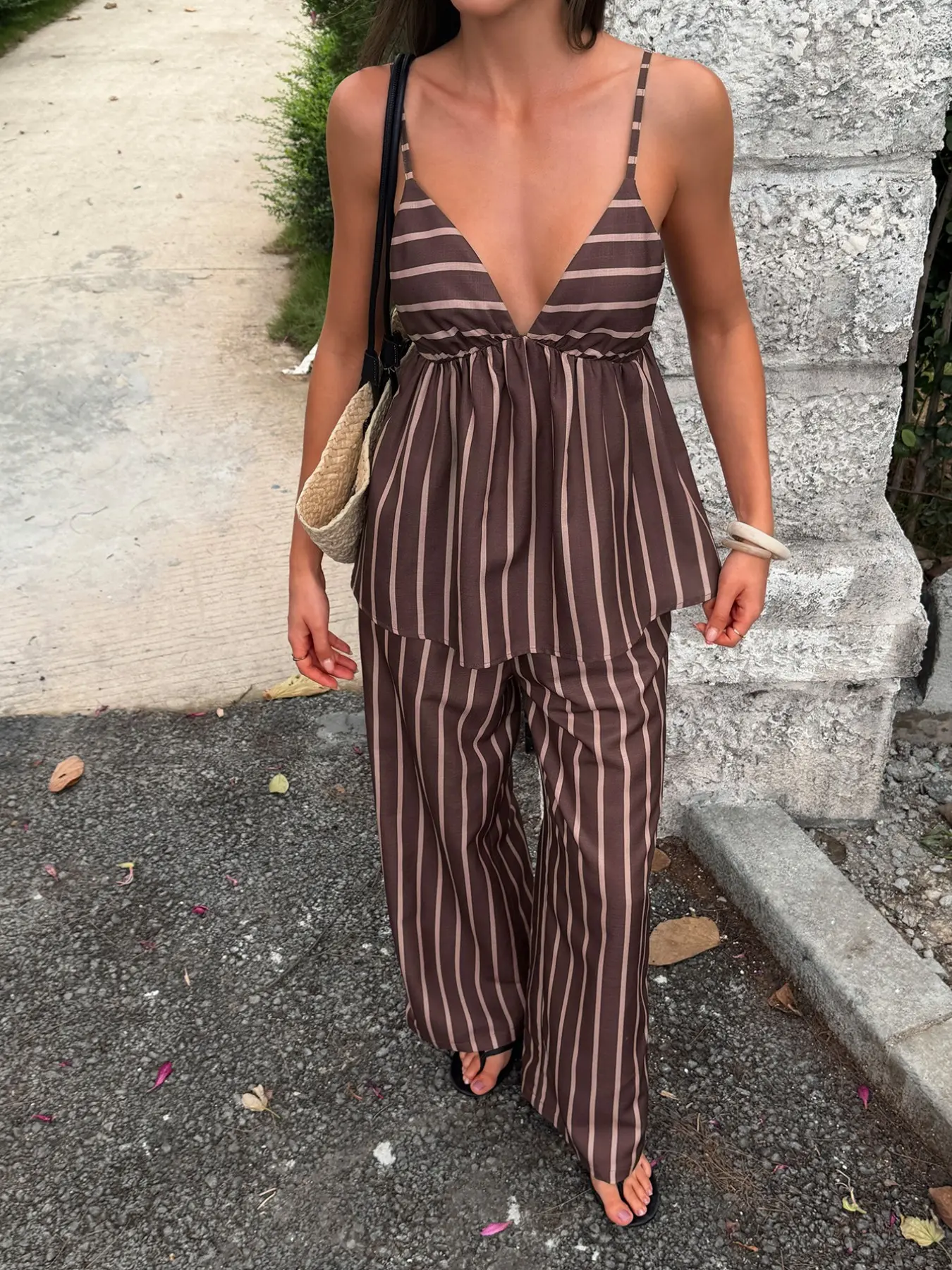 Brown Striped Two Piece Pants Set Women Cami Top Wide Leg Pants Matching Outfit Spaghetti Strap V Neck Sleeveless Casual Summer Vacation Resort Streetwear Y2K Going Out Loose Fit Flowing Trousers Fashion Co Ord Set