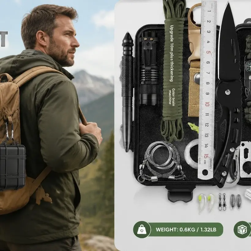 Outdoor Survival Gear Wilderness Survival Kit Tool Box Set, Adventure Travel Car Emergency Self-Rescue Essentials, Essential Camping Tools