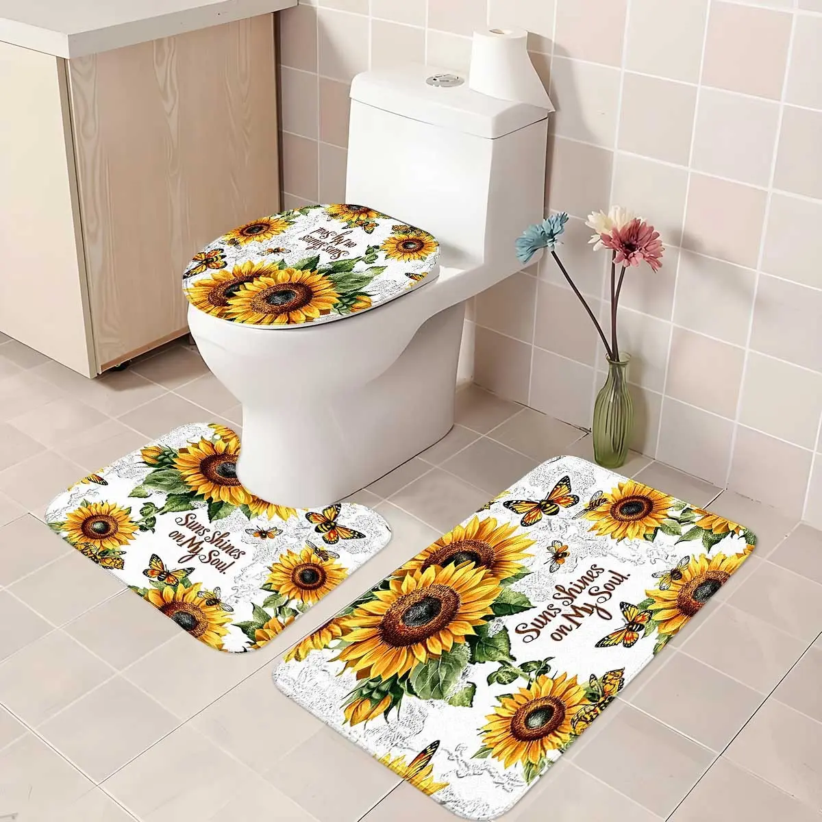 3pc Autumn Harvest Sunflower Bath Mat Set, Bathroom Mats Non Slip, Flannel Soft Absorbent Non-Slip Rugs for Bathroom Washroom Entryway, Cozy Fall Home Decor, Easy Clean Gift Idea
