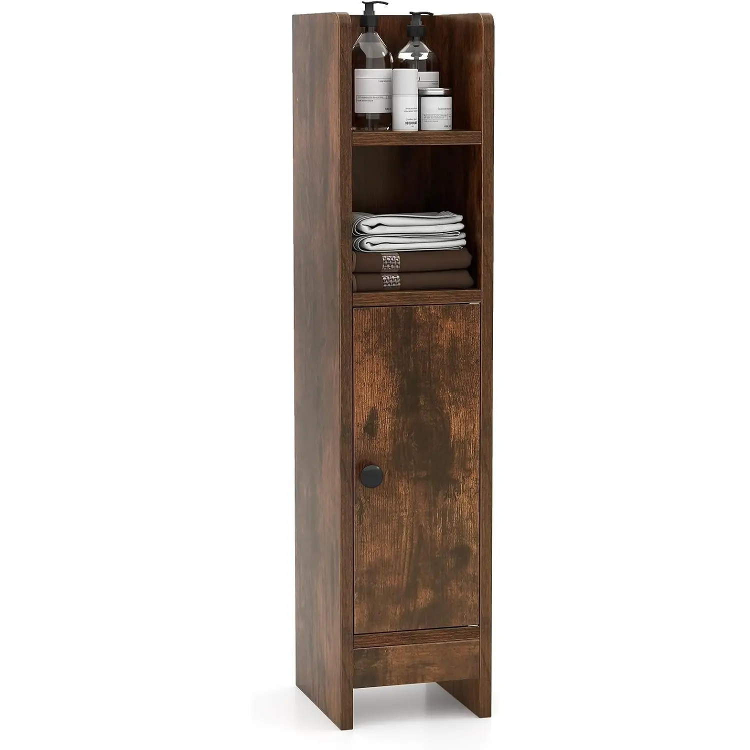 Rustic Bamboo Storage Cabinet, 39.5" Wide Floor Organizer with 2 Slatted Doors and Open Shelves for Bathroom or Kitchen, Natural Finish, Bathroom Organizer, Foot Pads