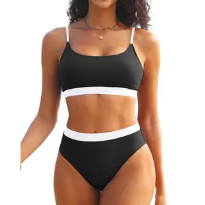 Tempt Me High Cut Sporty Bikini Set Two Piece Scoop Neck Swimsuits for Women Crop Top Bathing Suit with Bottom  SwimWeek  summervibes