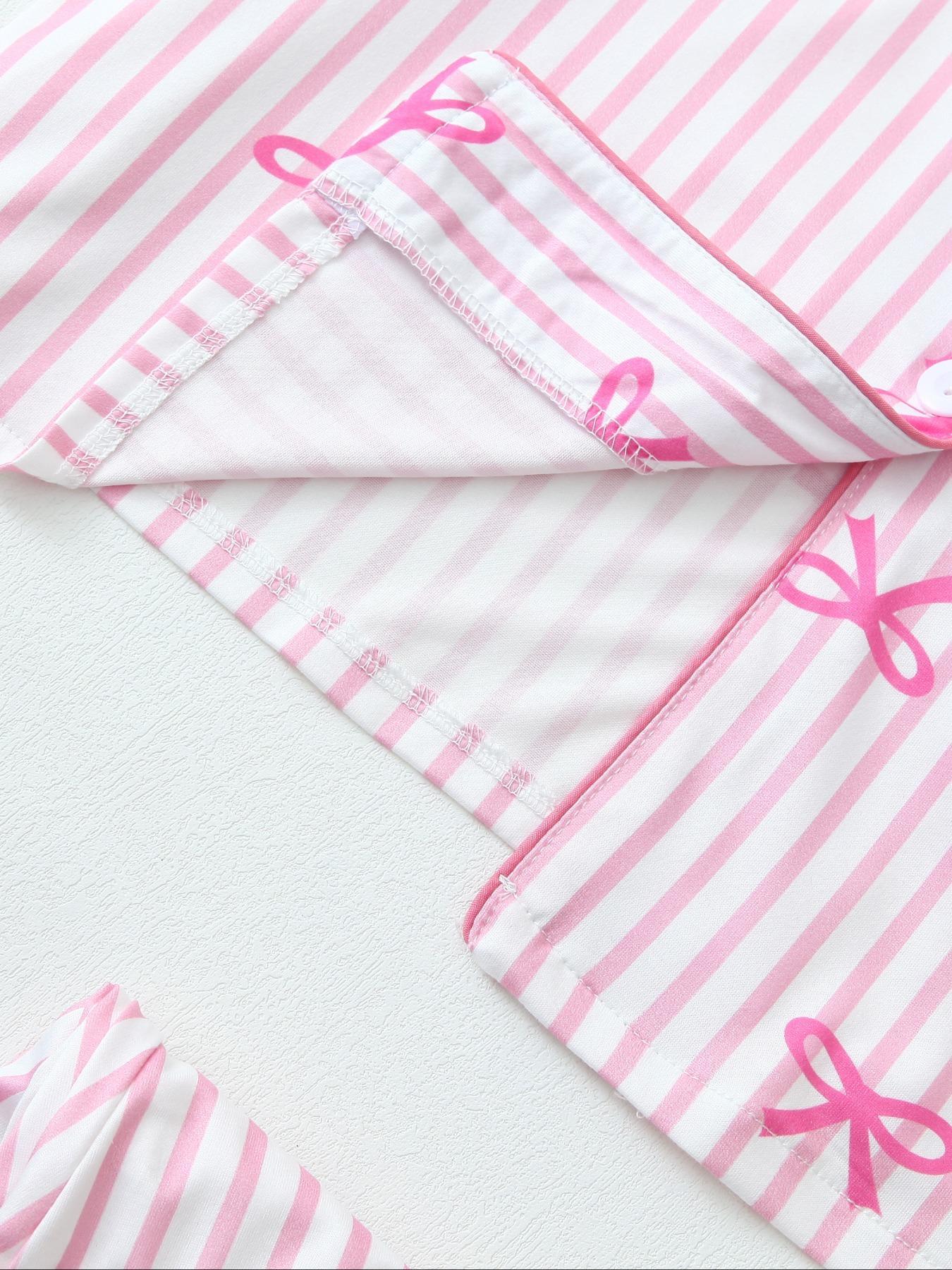 【Valentine Pajamas】Two-Piece Set Women's All Over Bow Print Button Front Shirt & Pants Pyjama, Casual Comfy Long Sleeve Lapel Neck Top & Trousers PJ Set, Women's Sleepwear for Spring & Fall