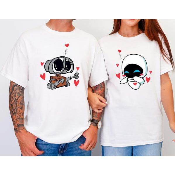 Women's Casual Wall-E and Eve Crew Neck Short Sleeve Matching BF and GF Couple T-Shirt, Robot Lover Clothes, Couple Anniversary Gift - 1 Piece, Couple Gift