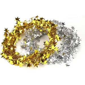 50FT Star Tinsel Garlands with Wire, Christmas Garland Decorations for Xmas Tree Home Wedding Birthday Party Festive Ornament, Golden and Silver, 2 Pack