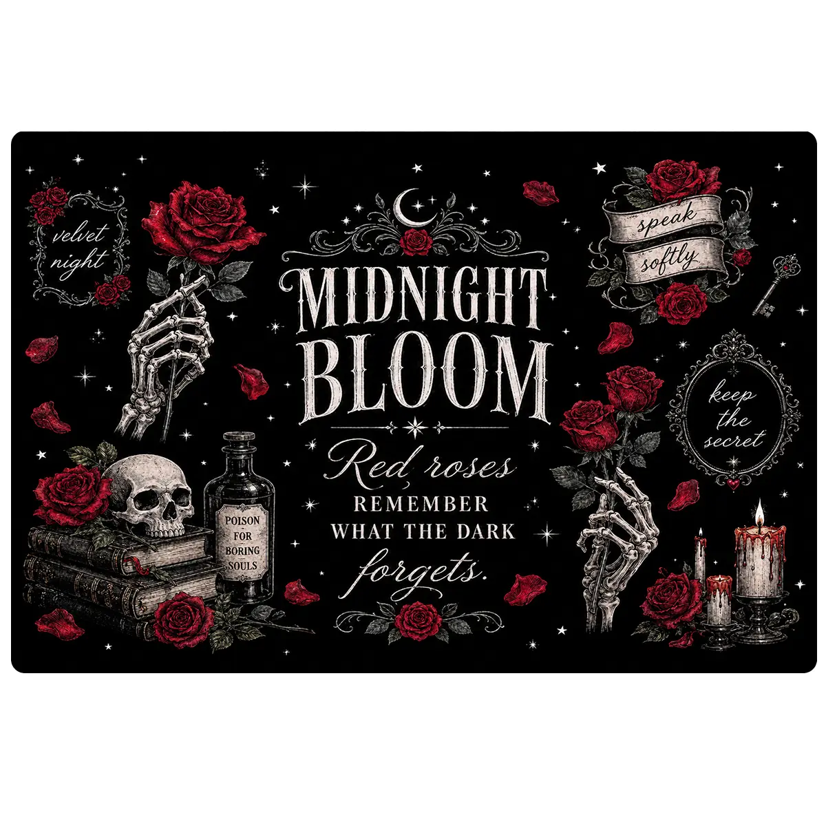 Nocturne Heart Gothic Welcome Doormat - Dark Romantic Red Rose Skeleton Hand Design, Vintage Witchy Moon Star Black Style, Non-Slip Rubber Back Absorbent Rug for Front Porch, Entryway Decor, Halloween Dark Valentine Home Use