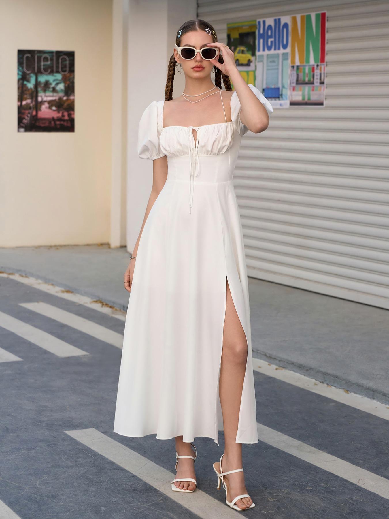 Women'S Off The Shoulder Ruched Tie Front Split Thigh Slit Dress, Elegant Puff Sleeve A Line Long Dress For Party Holiday Dating Wear, Chic Milkmaid Dress, Ladies Summer Clothes Fit