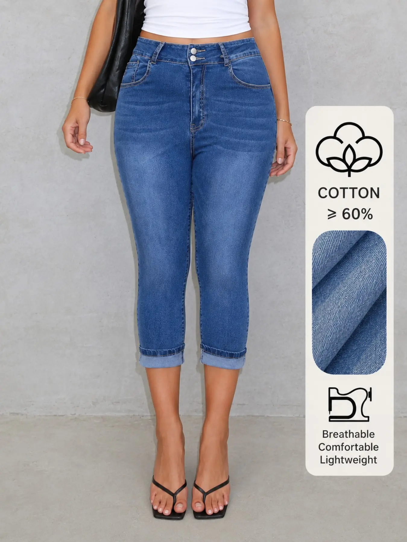 Plus Size High Waist Denim Jeans, Elastic Slim Fit Capri Pants, Casual Everyday All-Season Wear, Zipper Fly, Below the Knee, Solid Pattern