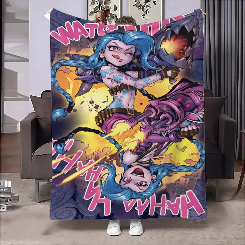 League of Legends Jinx Character Fluffy Texture Flannel Throw Blanket, Double Portrait Graffiti Print, Punk Street Art Design, Multi-Size Gamer Bedroom Decor, Game Room Decor Fan Gift