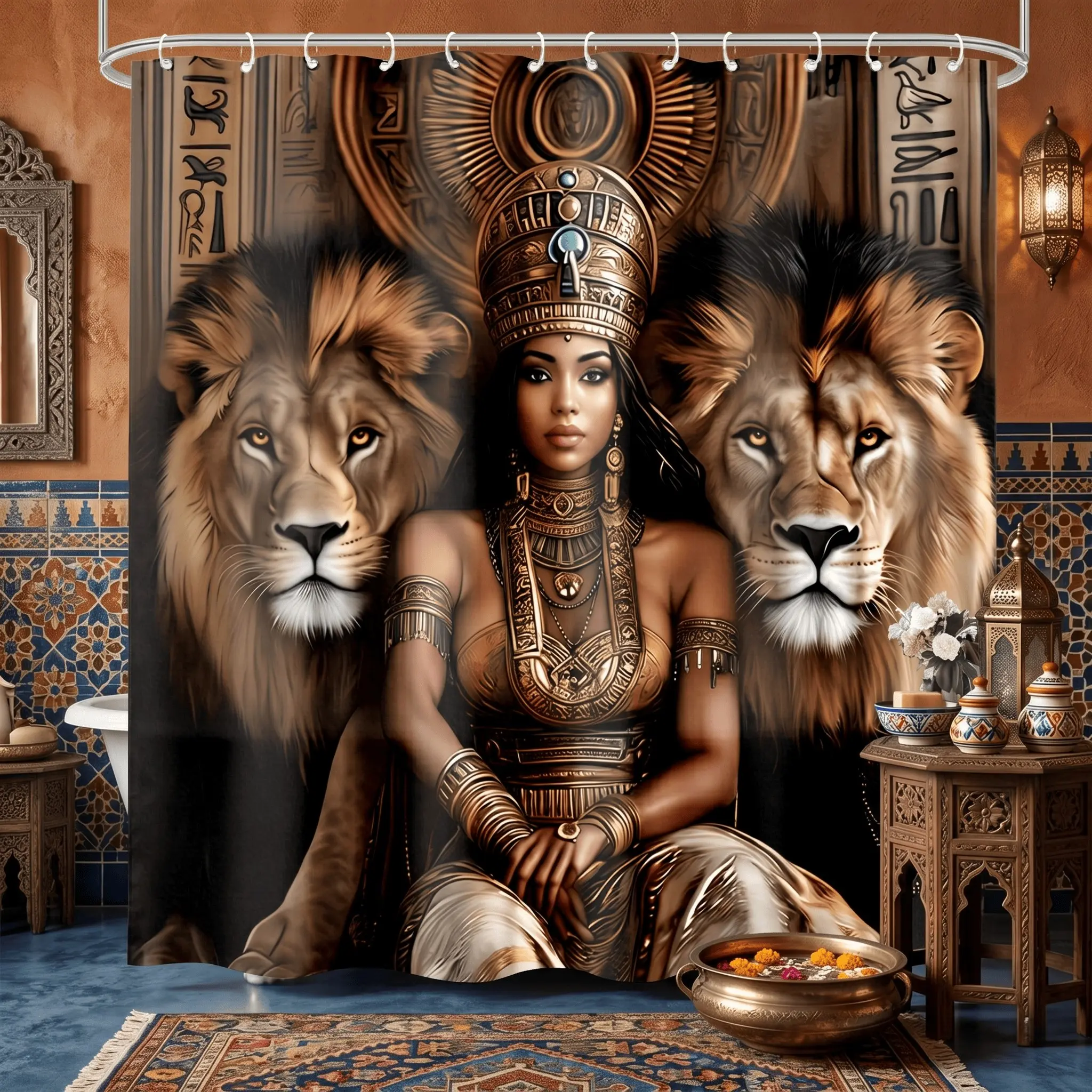 1pcs Luxury Ancient Egypt Queen and Lion Guardians Bathroom Printed Shower Curtain, Elegant Print Shades, Royal Golden Goddess Bath Backdrop, Ethnic Wall Art Hanging