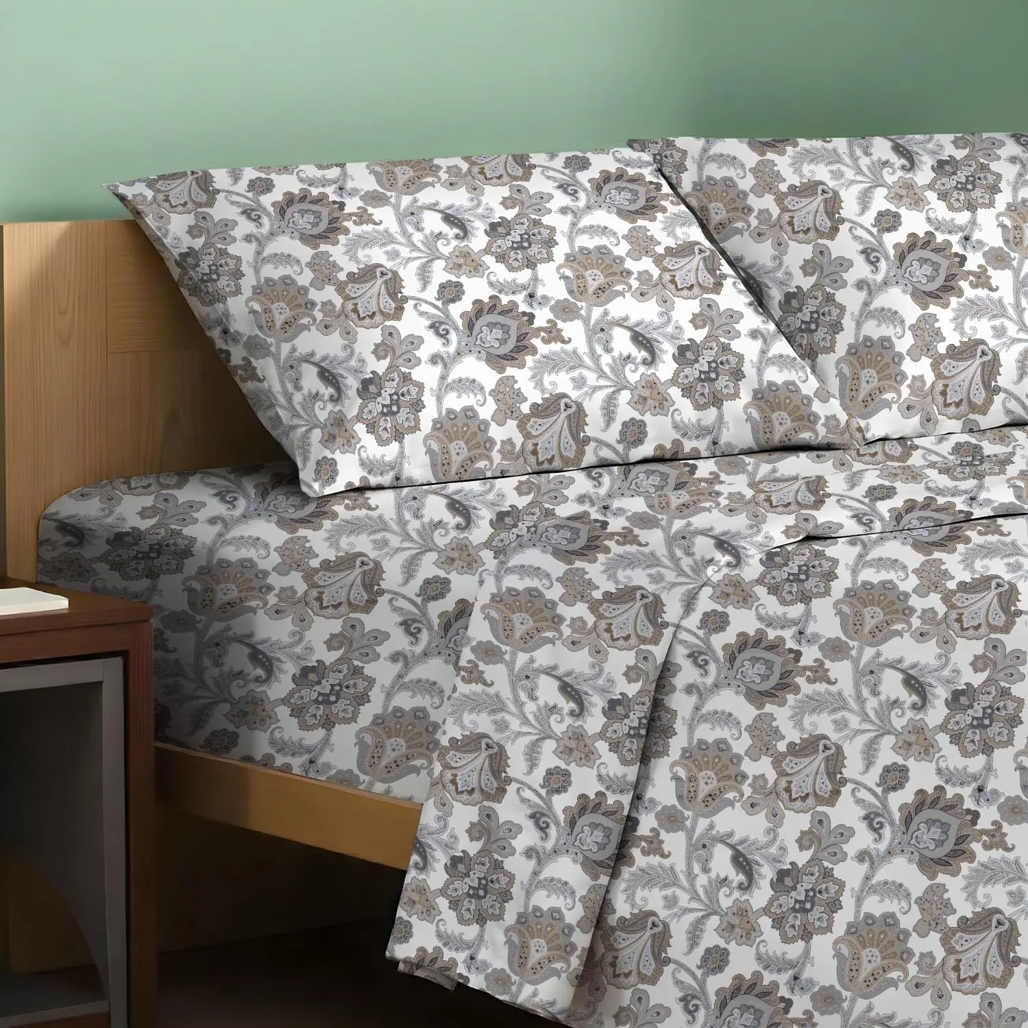 100% Organic Cotton Percale Printed Full Size Sheet Set - 4 Pieces, 16" Deep Pocket, Cooling Soft Hotel Bedding Set, Floral Ivory