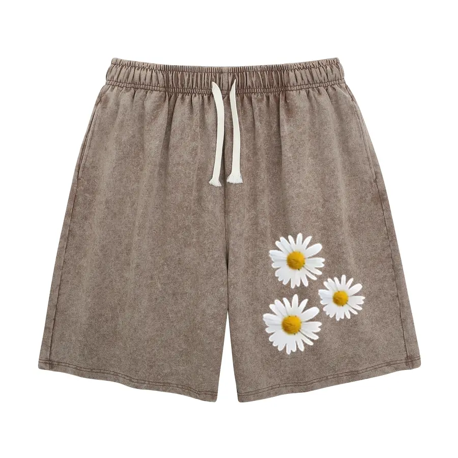 Wayii Unisex Acid Washed Trio Daisy Flower Print Street Shorts - Summer Drawstring Waist Baggy Comfy Shorts With Handy Side Pockets, Daily Travel & Leisure Outfit Shorts,everydaywear,softgirlstyle