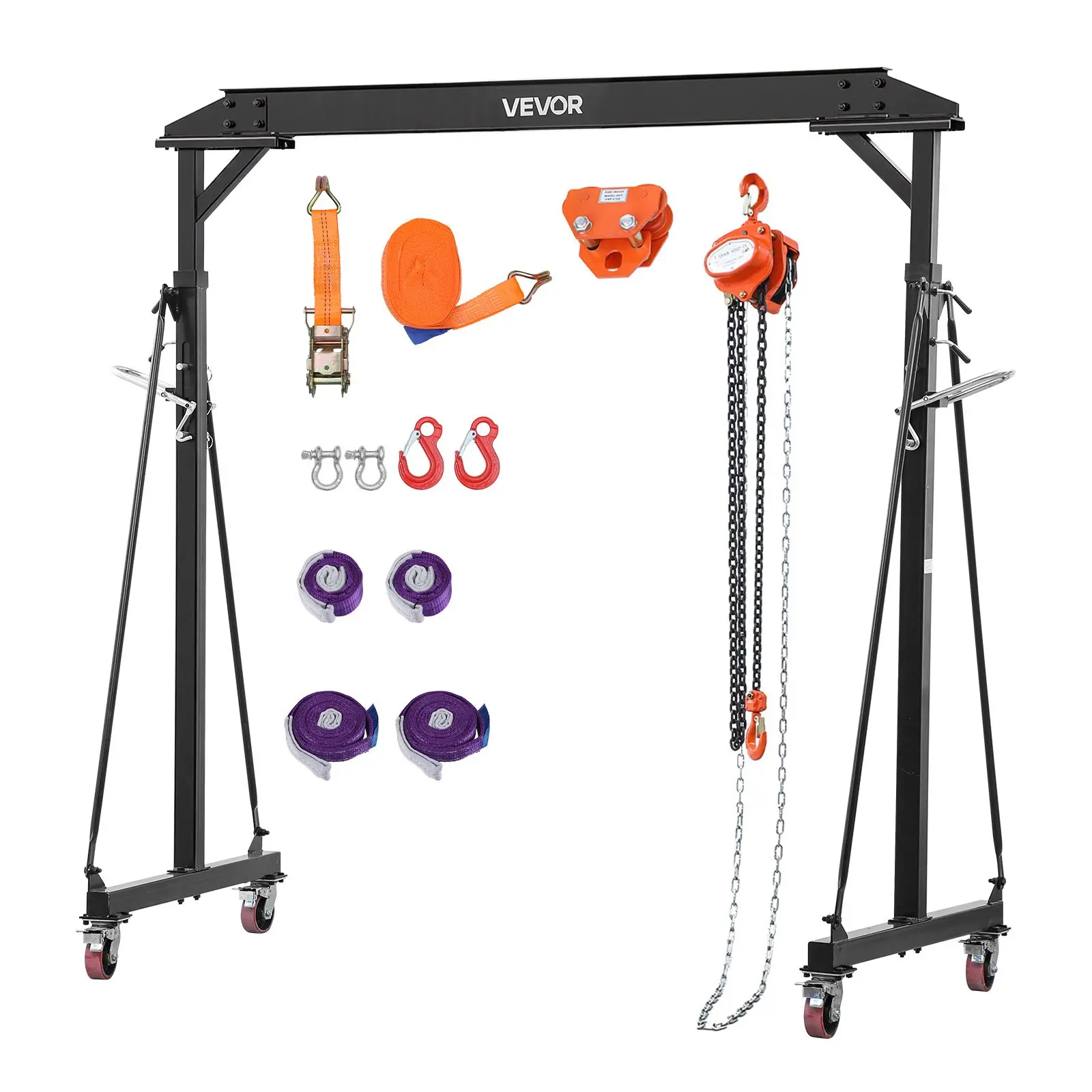 VEVOR Adjustable Gantry Crane, 2200 lbs Capacity Portable Shop Lift Hoist, 95.7-142.9 in Height Adjustability, Manual Trolley, Sling, Shackles, Hooks for Auto Repair Shop, Garage, Warehouse
