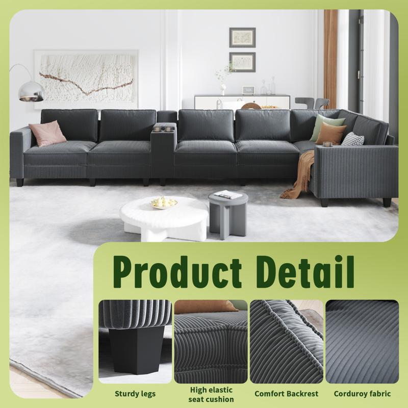 L-shaped 6-seater 133.4'' * 94.4'' Corduroy Sofa, Large Storage Armrests with Center Console, USB Charging, Left and Right Seats Can Be Switched Couch
