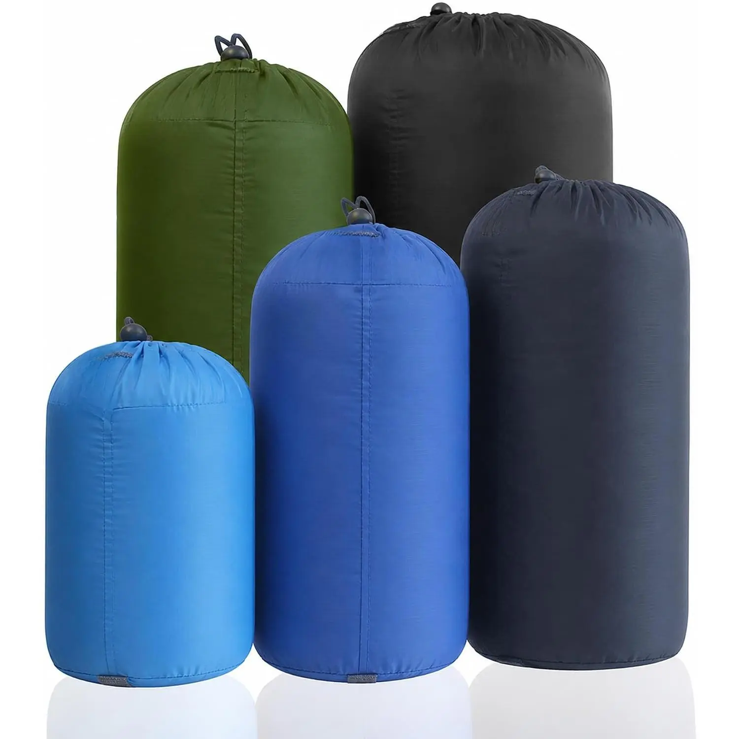 Stuff Sack Set 5-Pack (3L&5L&9L&15L&20L), Ultralight Ditty Bags with Dust Flap for Traveling Hiking Backpacking (Sky Blue&Blue&Navy&Army Green&Black)