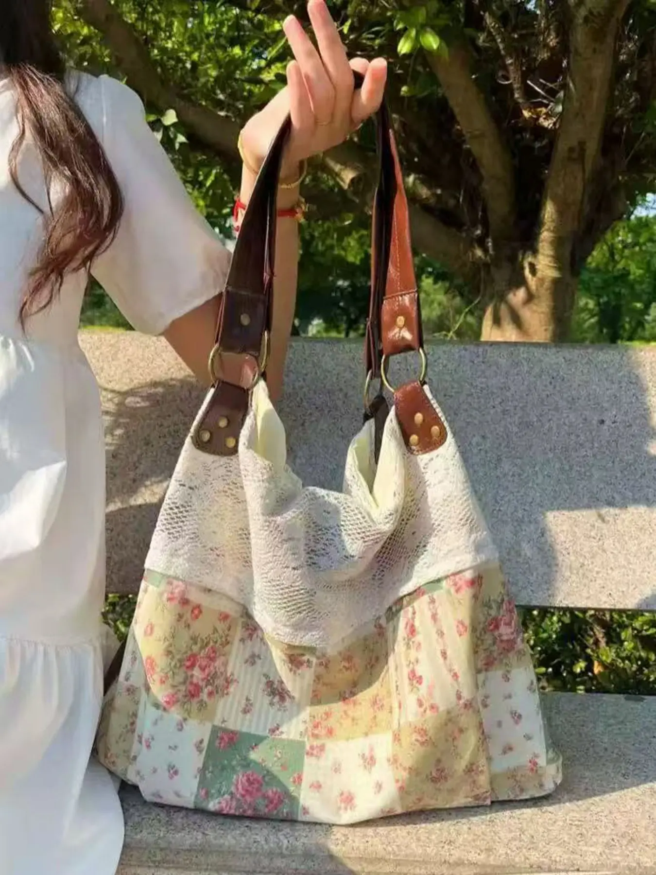 Cute Floral Canvas Bag, Patchwork Colorblock Lace Tote, Large Capacity Commuter Bag, Lazy Style Underarm Shoulder Bag