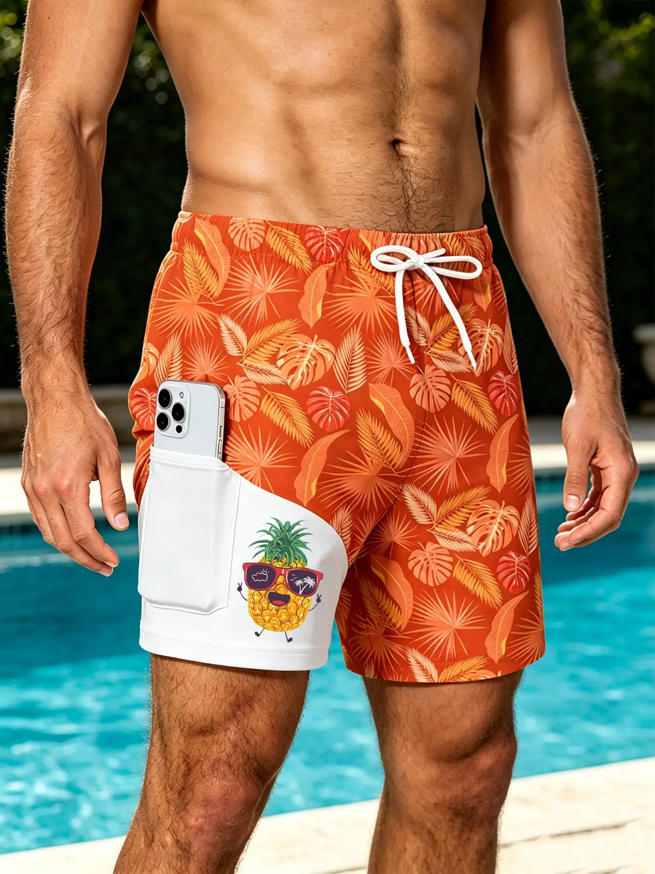 Men's Summer Pineapple Print 3D Double Layer Beach Shorts, Inner Phone Pocket, Quick Dry Breathable, Casual Fitness Wear