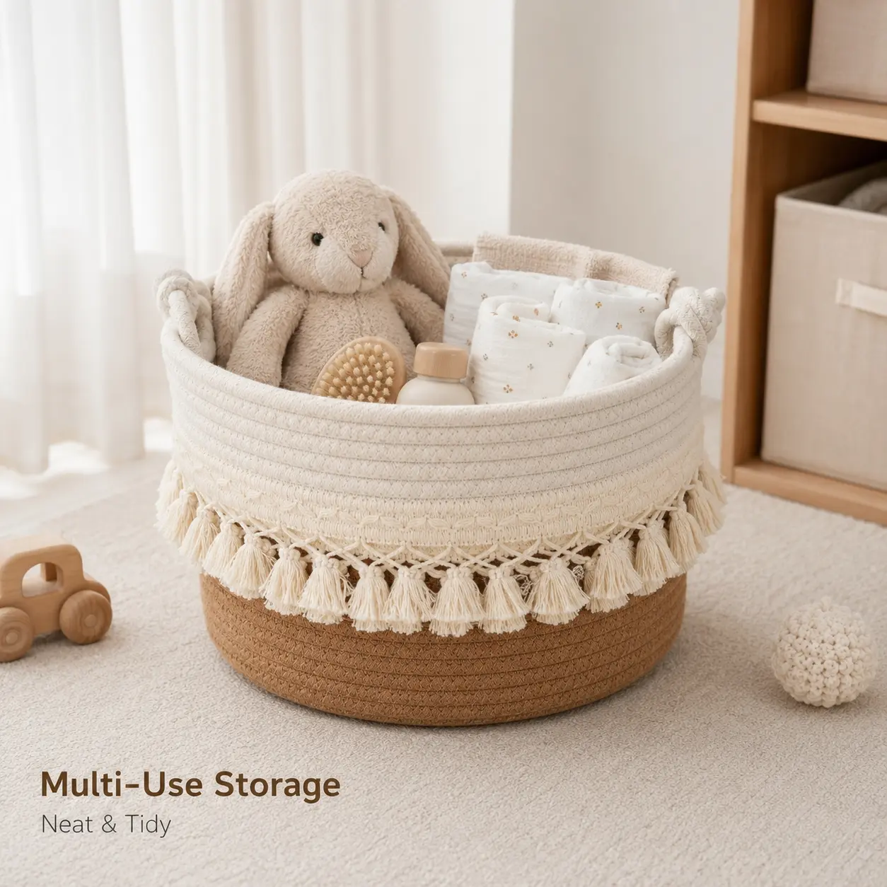 Storage Basket with Fringe Cotton Rope, Dirty Clothes Bin, Clothes Baskets, Laundry Basket, Laundry Hamper Basket, Closet Storage Basket, Desktop Organizer, Home Storage and Decoration, Decorative, Versatile and Stylish