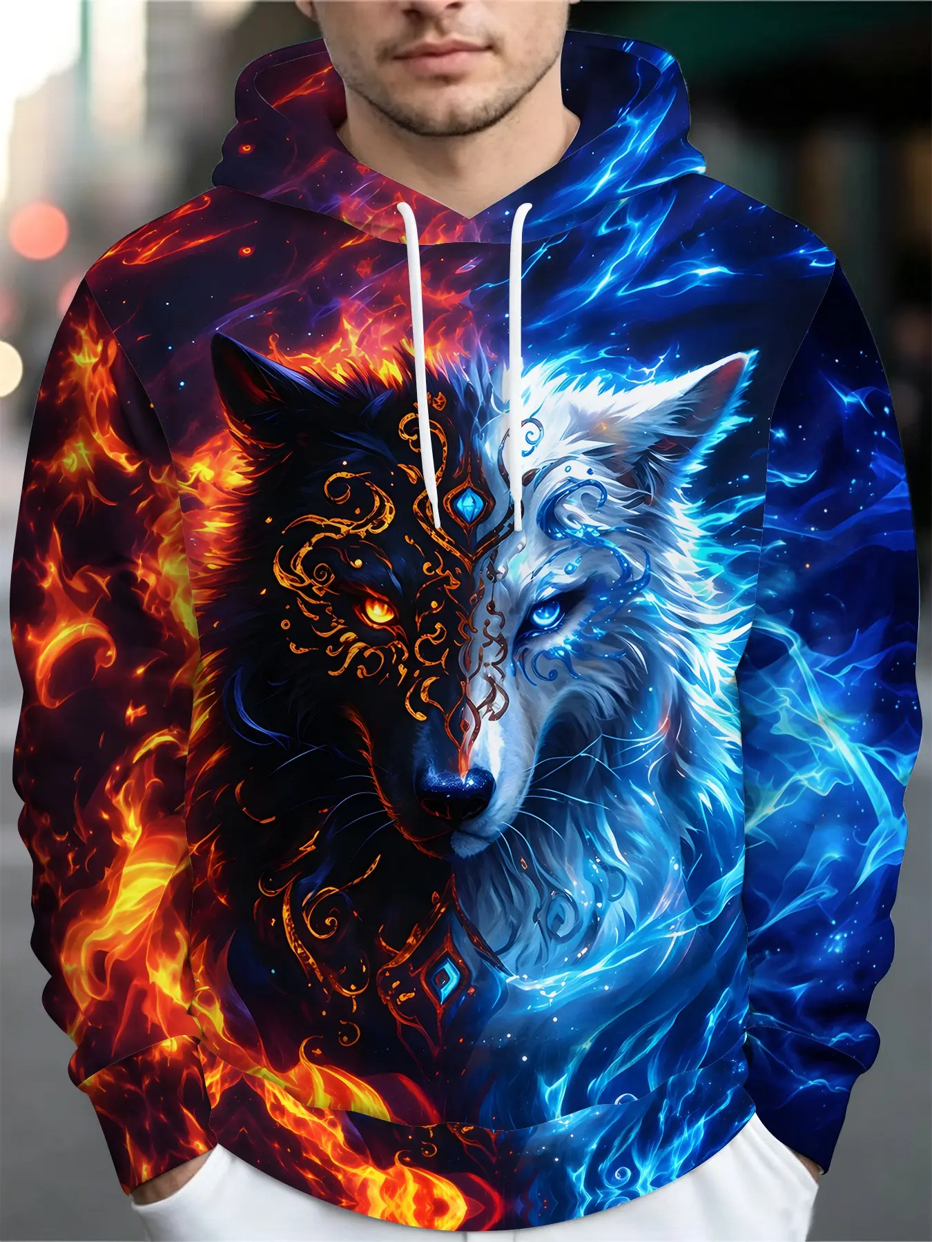 Fire and Ice Half-and-Half Wolf Flame Print Streetwear Brand Man Hooded Long-Sleeve Sweatshirt Fire and Ice Half-and-Half Wolf Flame Print Streetwear Brand Man Hooded Long-Sleeve Sweatshirt