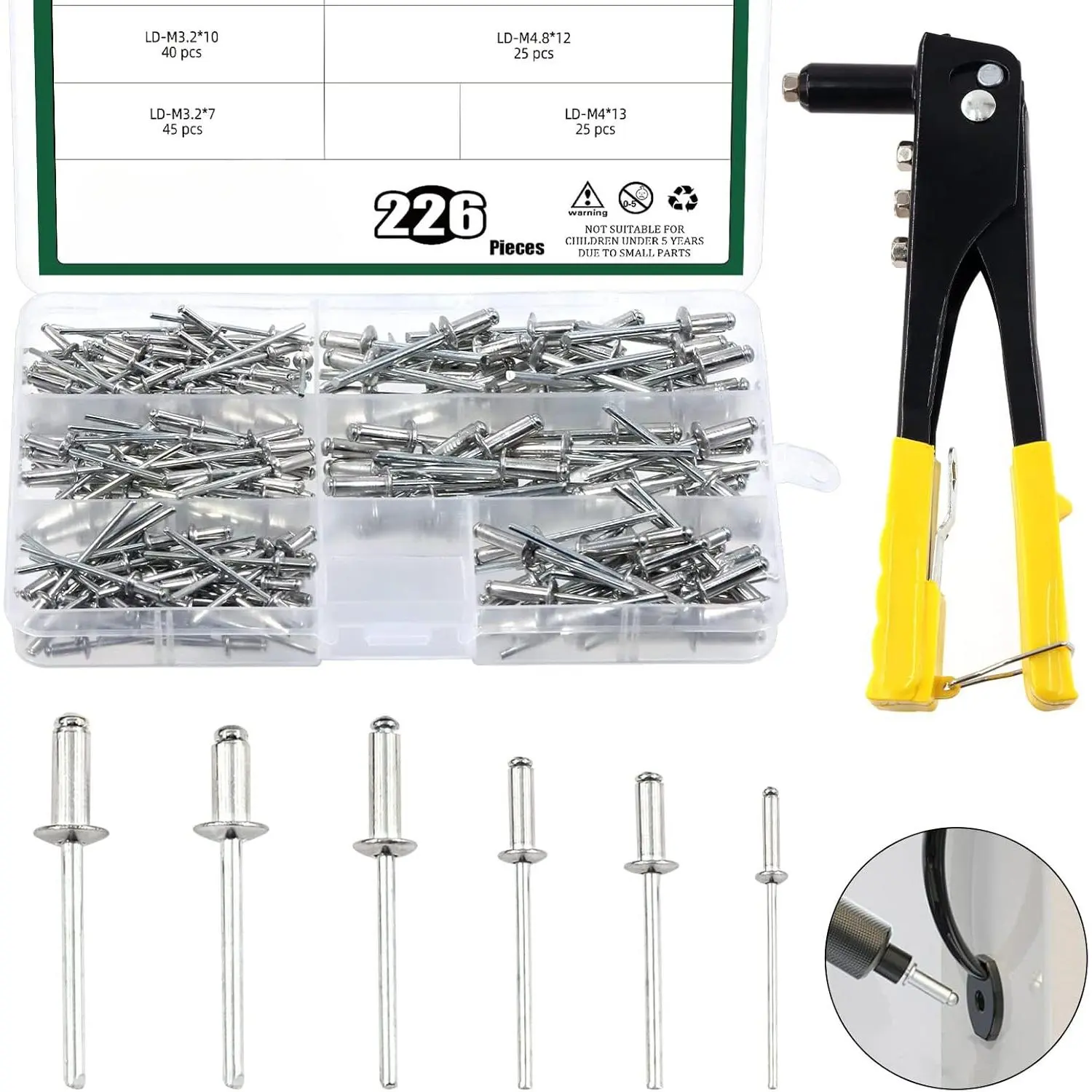 226Pcs Heavy Duty Manual Riveter with 6 Sizes Aluminum Blind Rivets Assortment Kit, M2.4 M3.2 M4 M4.8 Silver Tone Pop Rivets and Hand Rivet Gun Tool  Furniture Automotive Metal Work New model