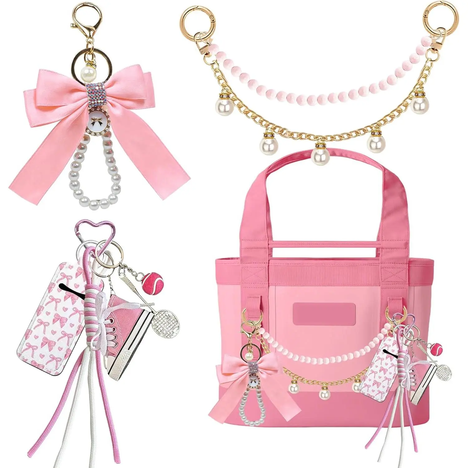 11PCS Tote Bag Decoration Set, Accessories Kit for YETI Camino 20/35/50 & Bogg Bag, Diamond Bow Keychain, Lipstick Holder, Tennis Racket & Mini Shoe Charms, Pearl Chain (Pink Peony)