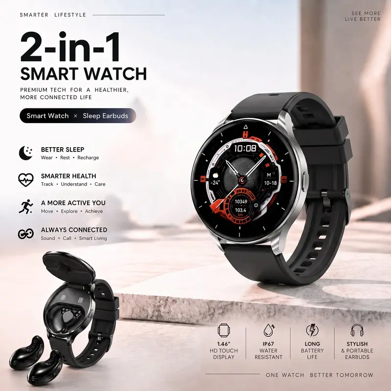 2 in 1 Smart Watch Featuring Sleep Earbuds 146 Inch HD Touchscreen Bluetooth Calling Real Time Heart Rate Blood Oxygen Sleep Tracking 100 Sports Activities