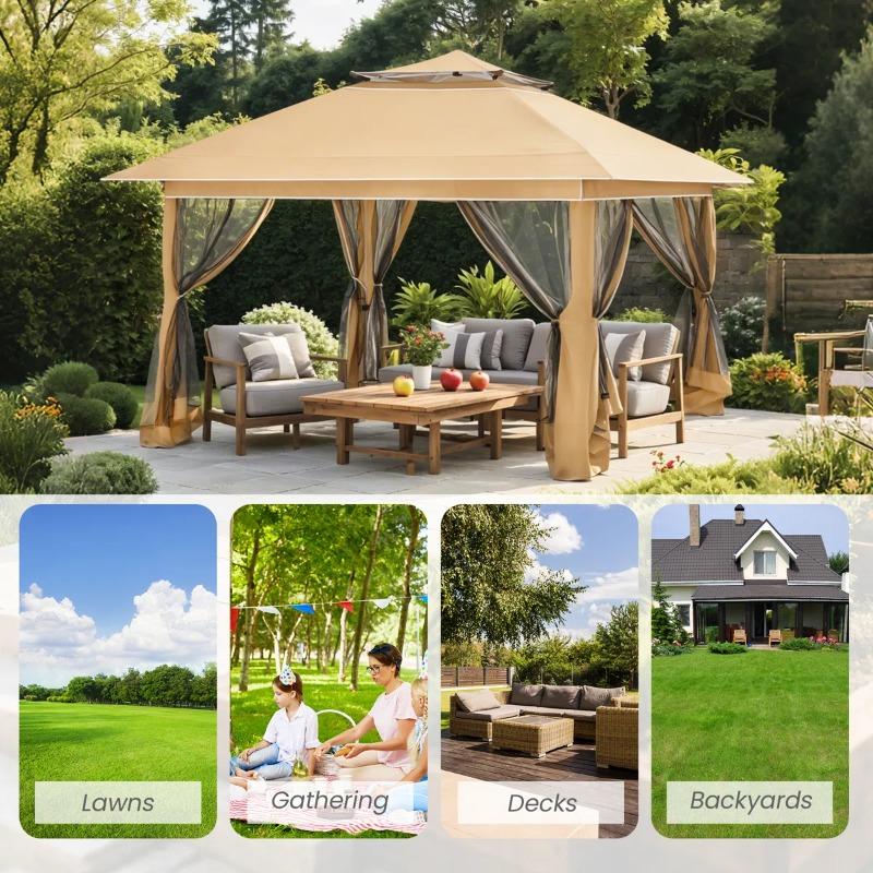 12 Ft. W x 12 Ft. D Metal Patio Gazebo - Khaki Outdoor Canopy, Sturdy Garden Gazebo for Backyard & Deck