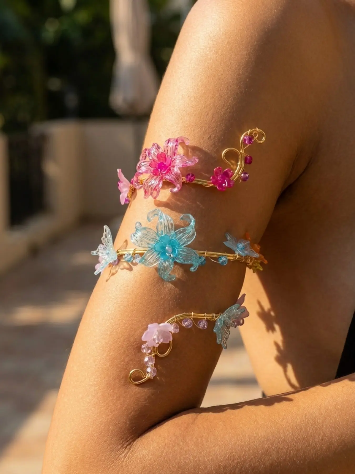 Rainbow Gradient Transparent Flower Butterfly Arm Bracelet, Colorful Beaded Spiral No-Piercing Upper Arm Ring, Beach Festival Body Jewelry