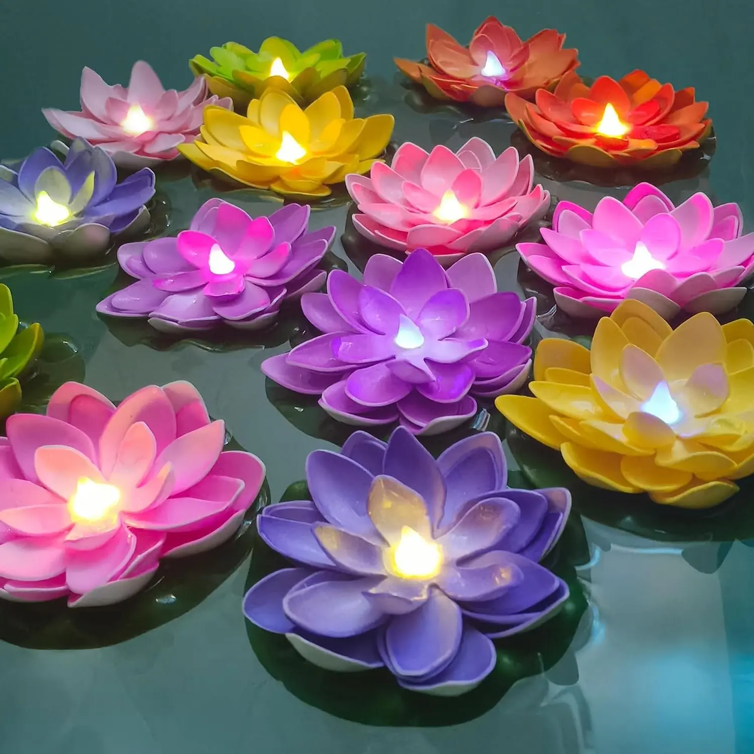 14 PCS Waterproof Floating Lotus Light - Battery Operated Water Activated Multi-Color RGB Pool Flower Lamp for Wedding, Anniversary, Father's Day, Graduation Garden DecorationGift