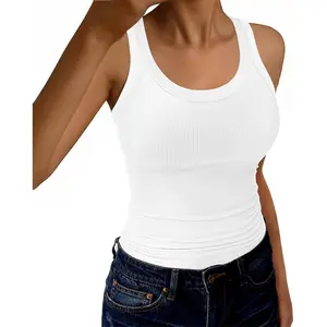 Womens Tank Tops Scoop Neck Sleeveless Ribbed Tank Summer Basic Thick Strap Slim Fitted Racerback Tops