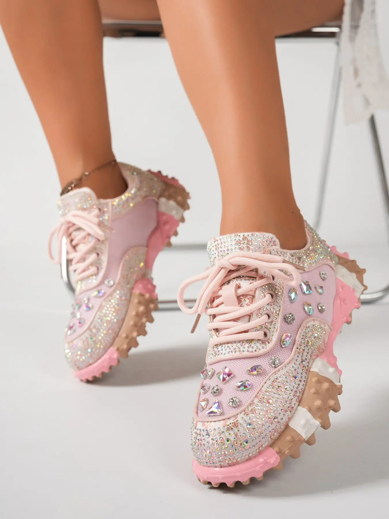 Lace Rhinestone Dad Shoes, Glitter Design Sneakers, Women's Thin Breathable Mesh Thick Sole Height Boosting Shoes, Trendy Versatile Sports Shoes for All Seasons