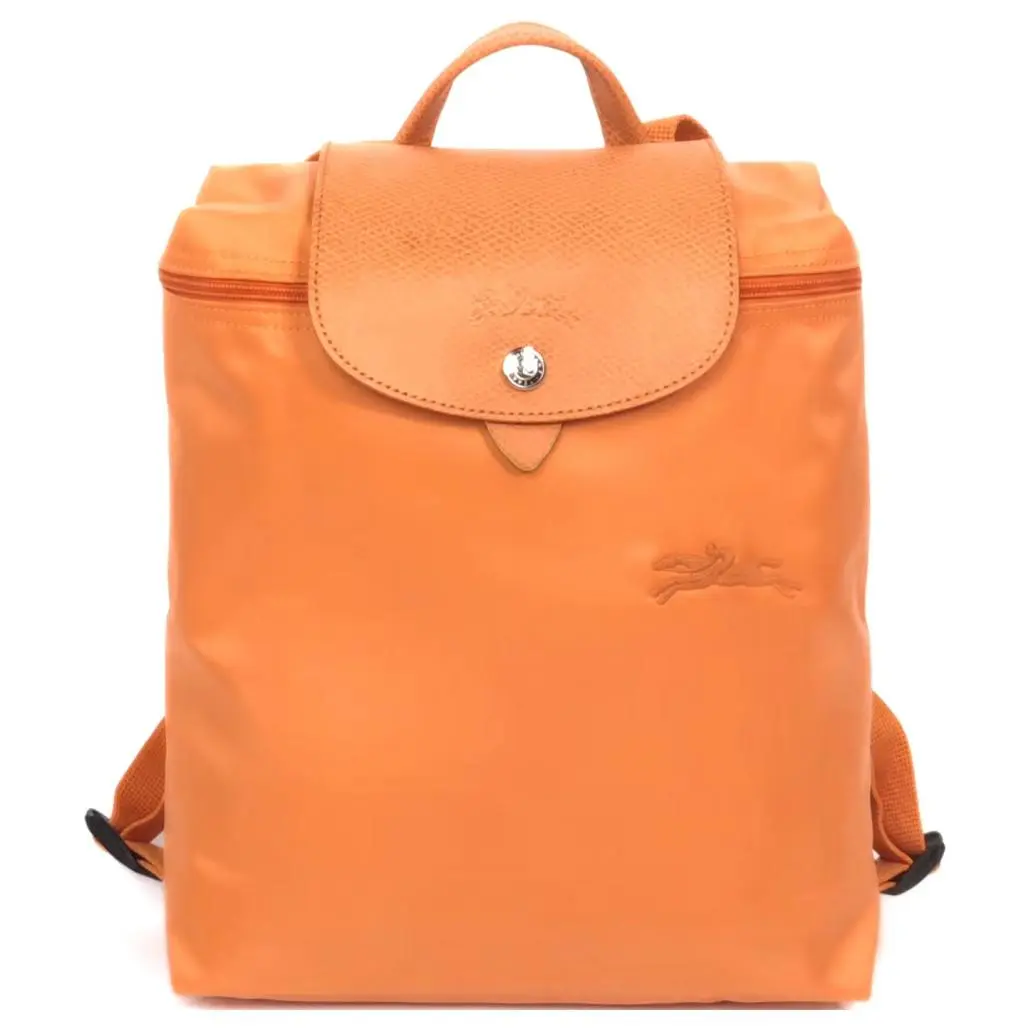 Longchamp Le Pliage Green 26 Backpack for Women – Solid Color with Snap and Zip Closure, Recycled Canvas with Leather Trim, Orange