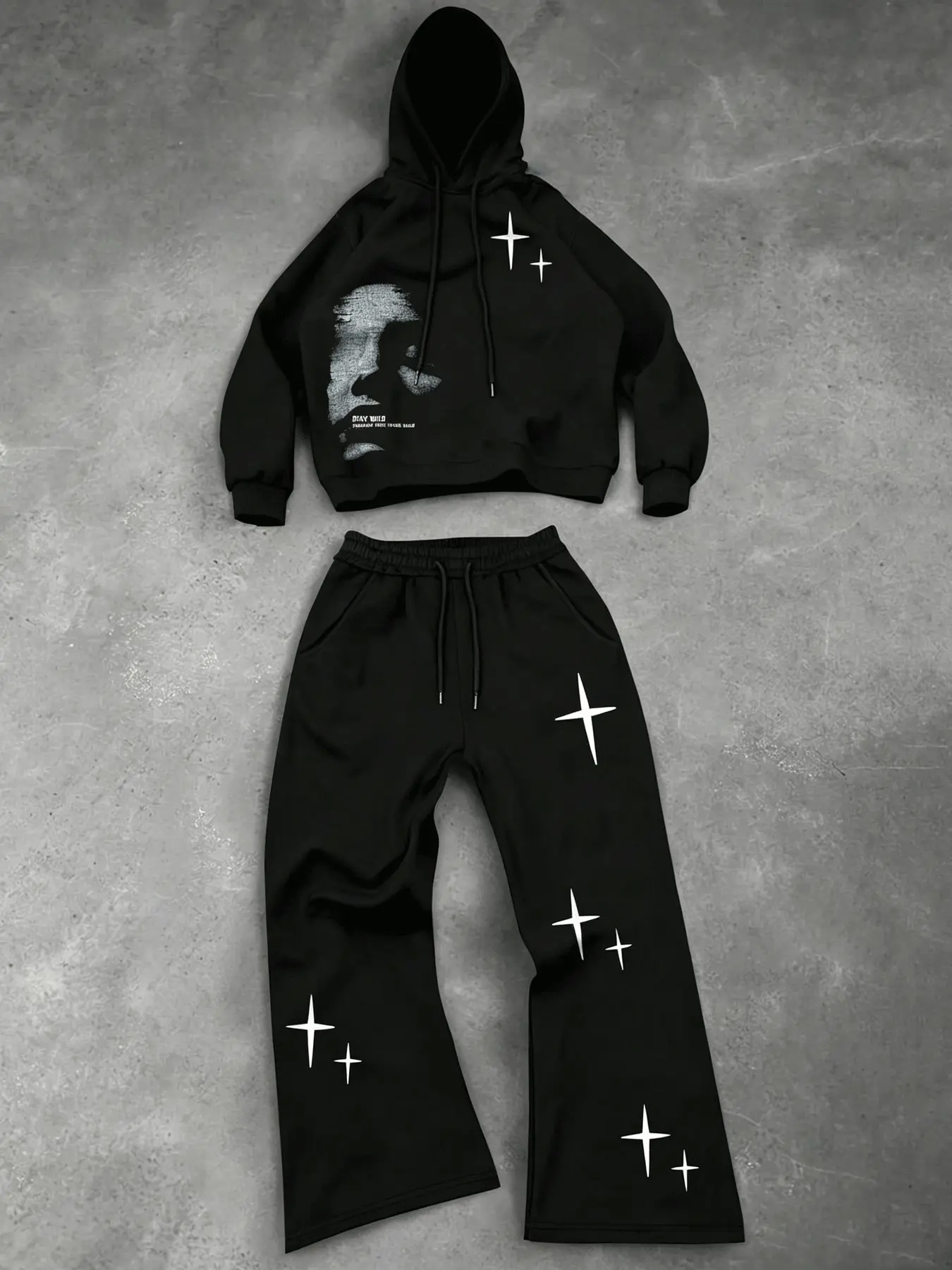 Men's 2 Piece Tracksuit Outfit, Black Cropped Portrait Star Print Pullover Hoodie + Wide Leg Sweat Pants Matching Set Grunge Y2K Hip Hop Streetwear Oversized Casual Sweatsuit for Men
