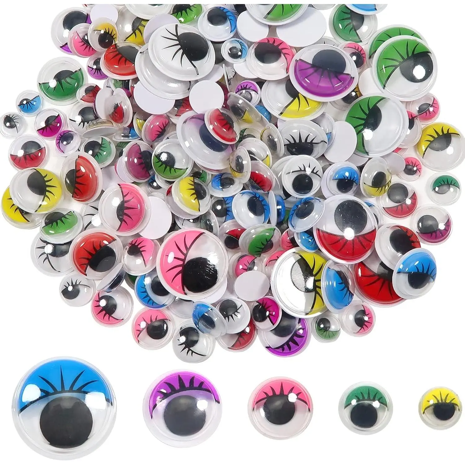 200pcs Wiggle Googly Eyes Self Adhesive with Eyelashes Round 8mm 10mm 12mm 15mm 20mm Mixed Colors Plastic Craft Eye Stickers for DIY Crafts Scrapbooking Decoration