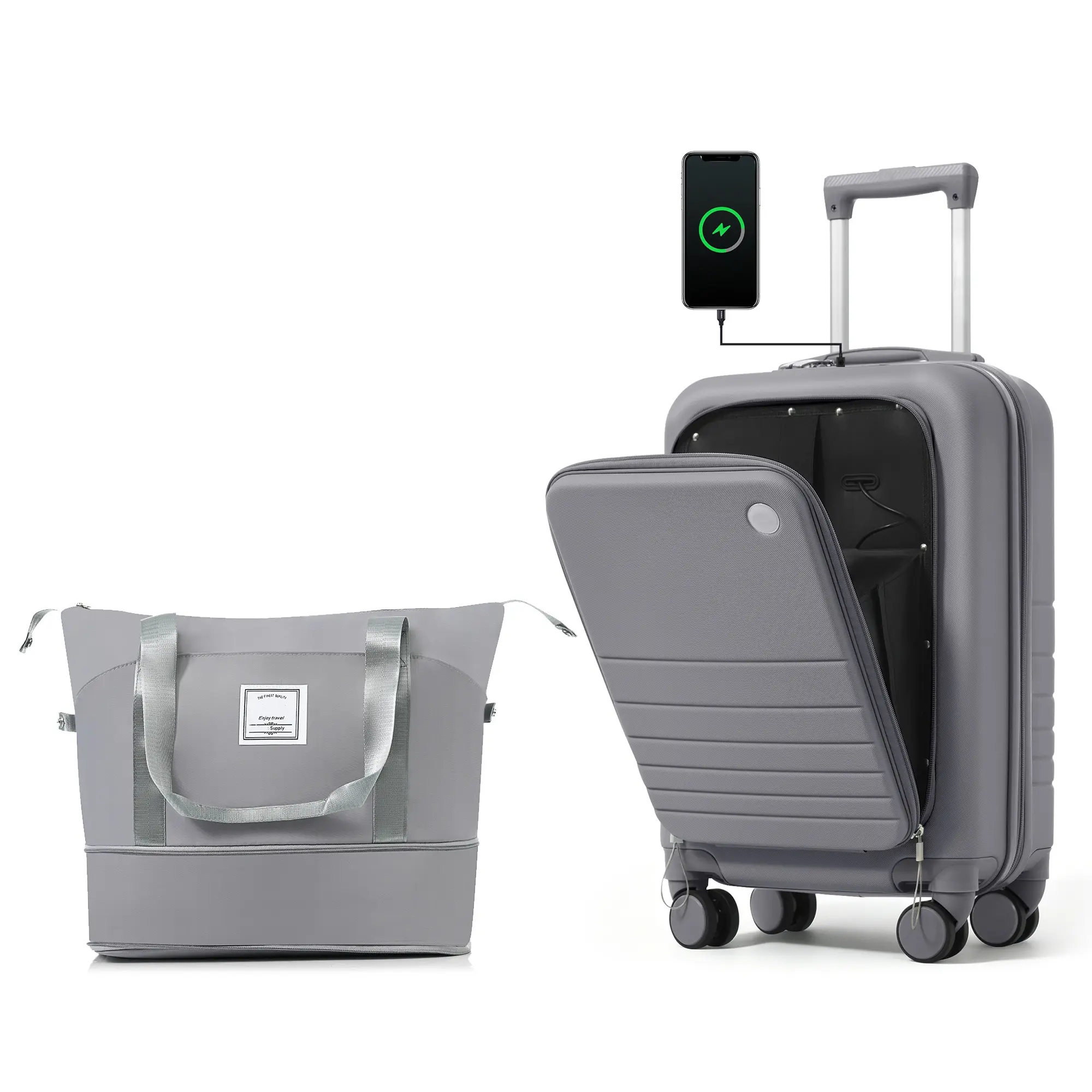 ARCH 20-Inch Carry-On Luggage Set with Expandable Travel Bag, ABS Hard Shell Suitcase with USB Port, Cup Holder, 360° Spinner Wheels, Grey, Ideal for Business Trips, Weekend Getaways, and Short Vacations, Grey Color Options, ABS Material