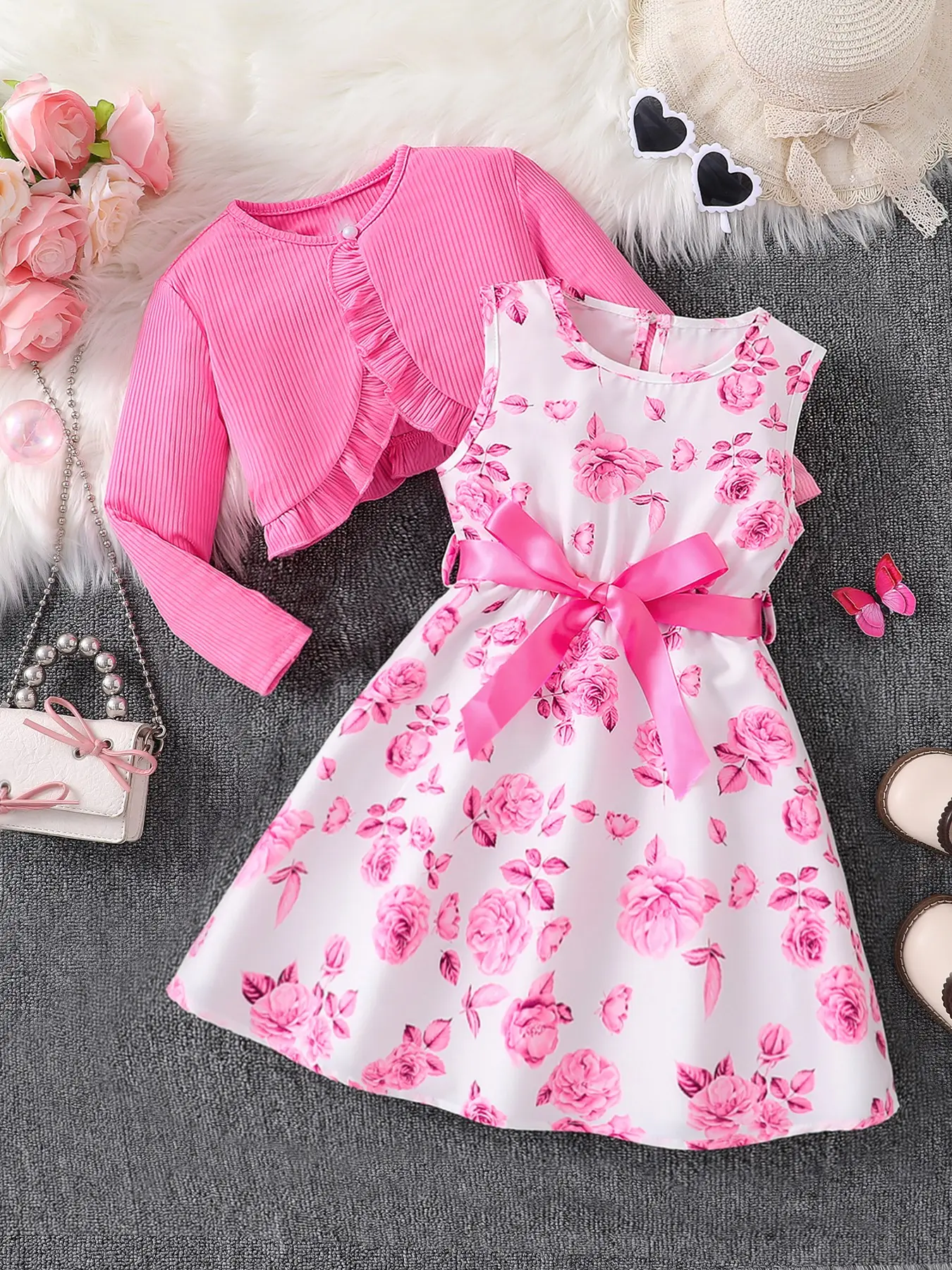Girls 4-8Y Sweet Floral 2-Piece Outfit, Pink Vertical Rib Ruffle Cropped Cardigan, White Base Full Pink Rose Sleeveless A-Line Princess Dress, Matching Satin Big Bow Belt, Kids Spring Autumn Vacation Birthday Set