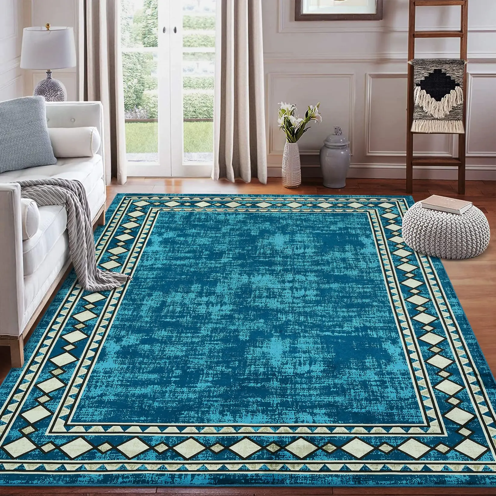 GARVEEBordered Minimalist Area Rugs and Runners - Washable, Stain-Resistant, Non-Slip Carpets in Navy, Maroon, Beige for Living Room, Bedroom, Kitchen, and Home Decor