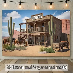 2D Flat, 2D Flat Banner 1pc, Wild West Saloon Scene, for Events, Wedding, Party, Coming-of-age, Ceremony, Four Season, Entryway, Room Decor, Indoor/Outdoor Celebrations, Perfect Gift ForParty Planners Polyester