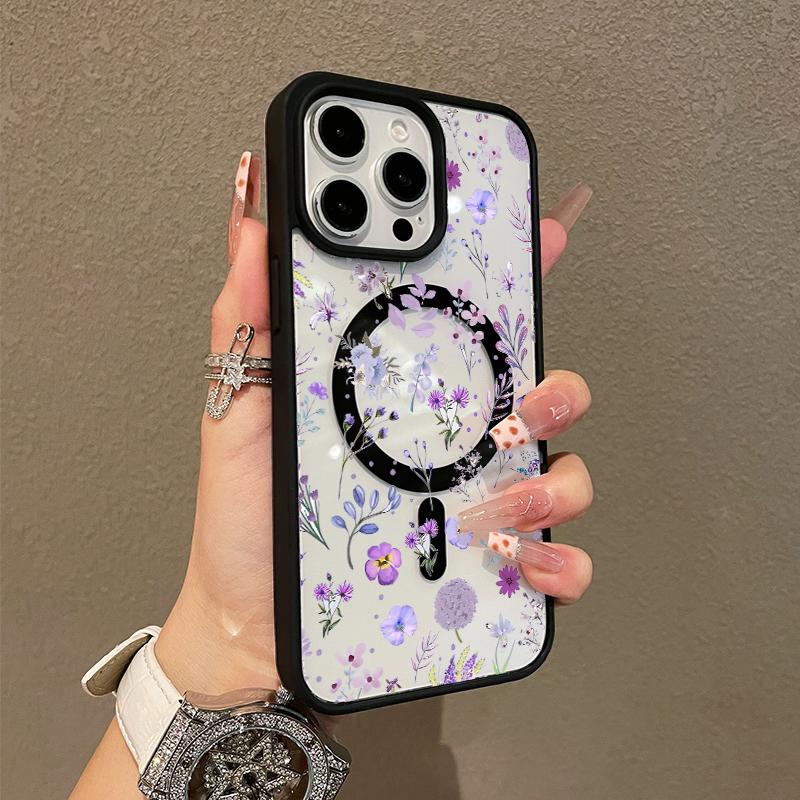Magnetic Silicone Case for iPhone 17 16 15 14 13 12 11 Pro Max Plus XS XR Purple Floral Aesthetic Shockproof Lightweight Girly Scratch Resistant Protection