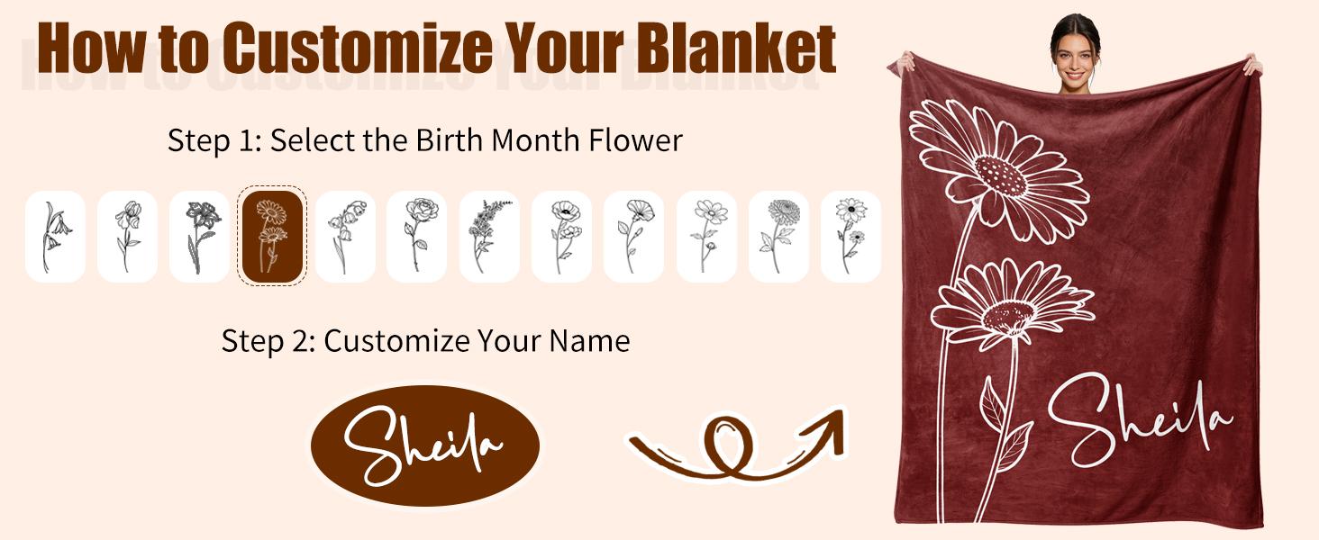 Gifts for Mom, Mothers Day Blanket Gifts, Custom Blanket with Name and Birth Month Flowers, Personalized Birthday Gifts for Mom Grandma from Son Daughter