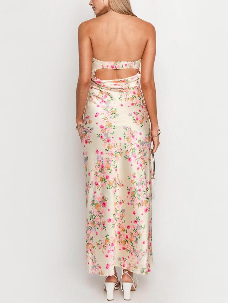 Women's Floral Print Tube Dress, Elegant Strapless Formal Sleeveless Long Dress for Party Holiday Wedding Guest, Ladies Summer Clothes