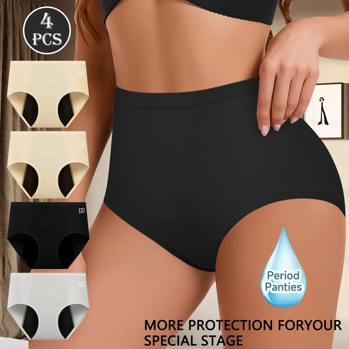 QUASTI 4 Pack High Waisted Leak-Proof Period Panties for Women, Seamless Smooth Menstrual Underwear, Soft Breathable Full Coverage Briefs Leak Protection Panty, S-XXL