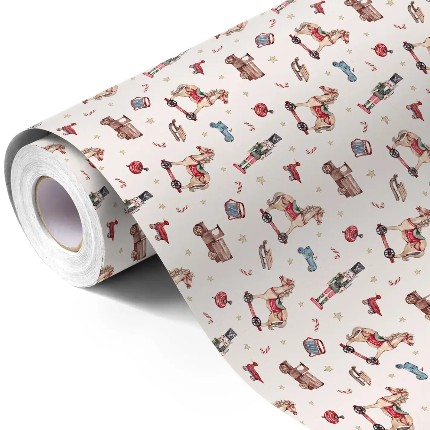 Christmas Gift Wrapping Paper Roll 5m×43cm, Xmas Wrapping Paper, Vintage Toy Theme Print, Carousel, Train, Candy, Star Design, High-Quality Thick Paper