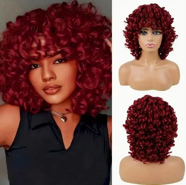 Synthetic Heat Resistant Wig Bouncy Full Curly Wig With Bangs 14 Inch BUG Chemical Fiber Wig With Bangs Daily Used Easy To Wear Beginner Friendly Big Bouncy Fluff Curly Wig Fluffy Wig