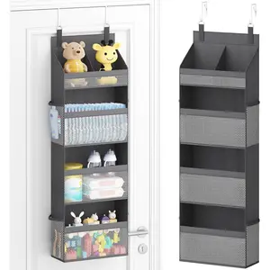 4 Tier Over the Door Diaper Organizer for Nursery, Large Heavy Duty Hanging Storage with 4 Mesh Side Pockets, Sturdy Back of Door Shelf for Baby Stuff Toy in Pantry, Laundry, Bathroom, Gray