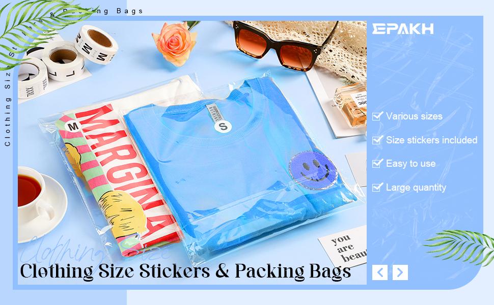 200 Pcs Resealable Poly Clear Shirt Bags with 7 Sizes 3500 Pcs Clothing Size Stickers Labels Self Sealing Plastic Bag for Small Businesses Packaging T Shirts Retail Storage(9 12 Inch)