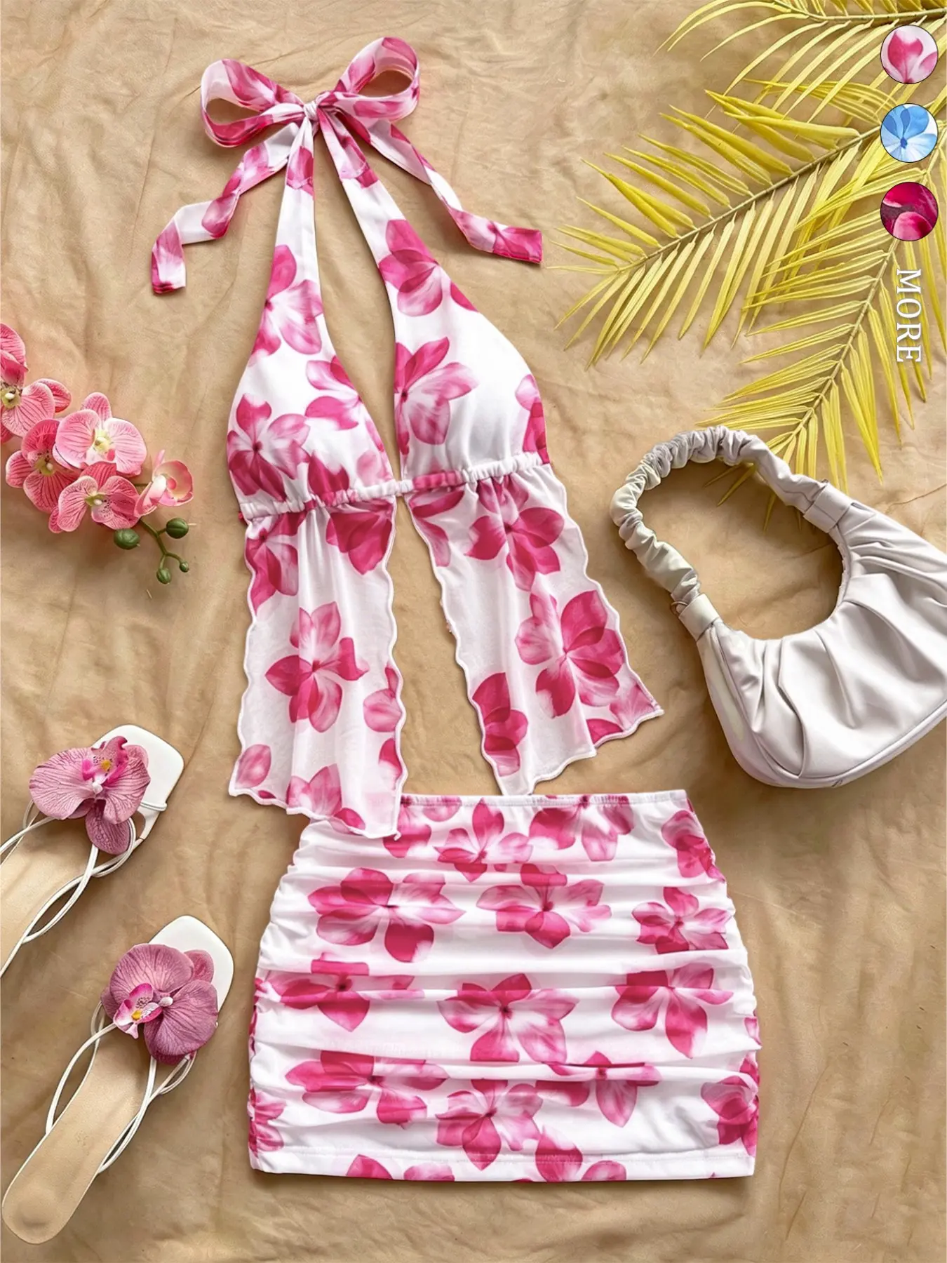 Women's Boho Chic Bohemian 2-Piece Set, Floral Print Halter Backless Top & Fitted Mini Skirt, Perfect for Beach Vacations, Elegant Coordinate Outfit